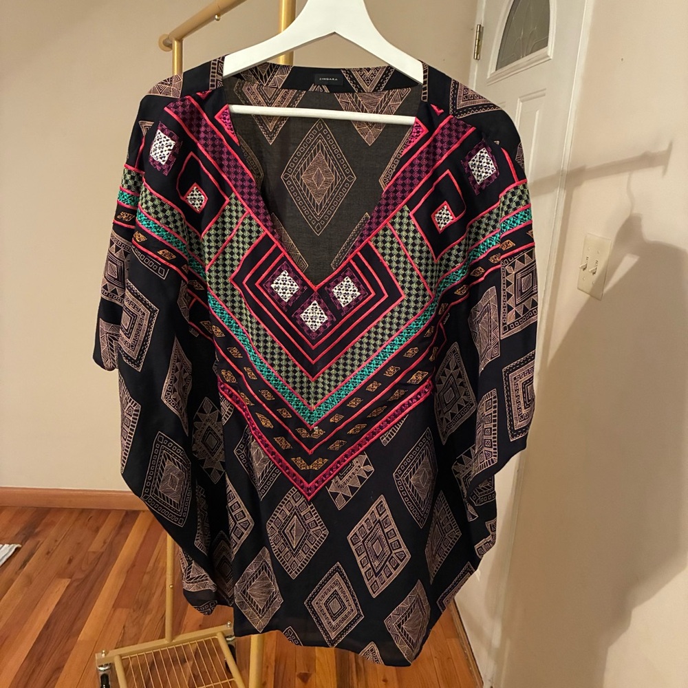 Boho V-Neck Geometric Tunic Top/ Swimsuit Cover- Black with Pink & Teal Accents